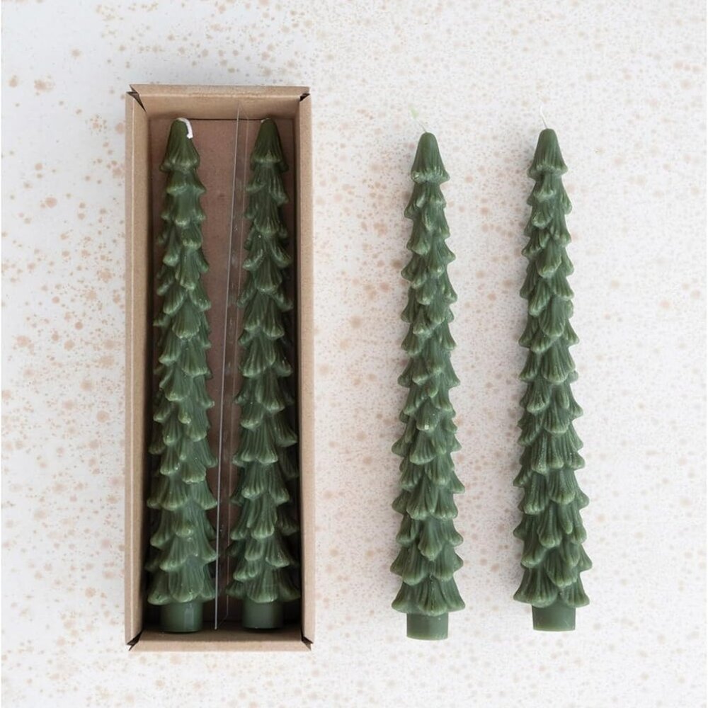 Unscented Tree Shaped Taper Candles, Evergreen, Boxed Set Of 2 - Picture 3 of 3